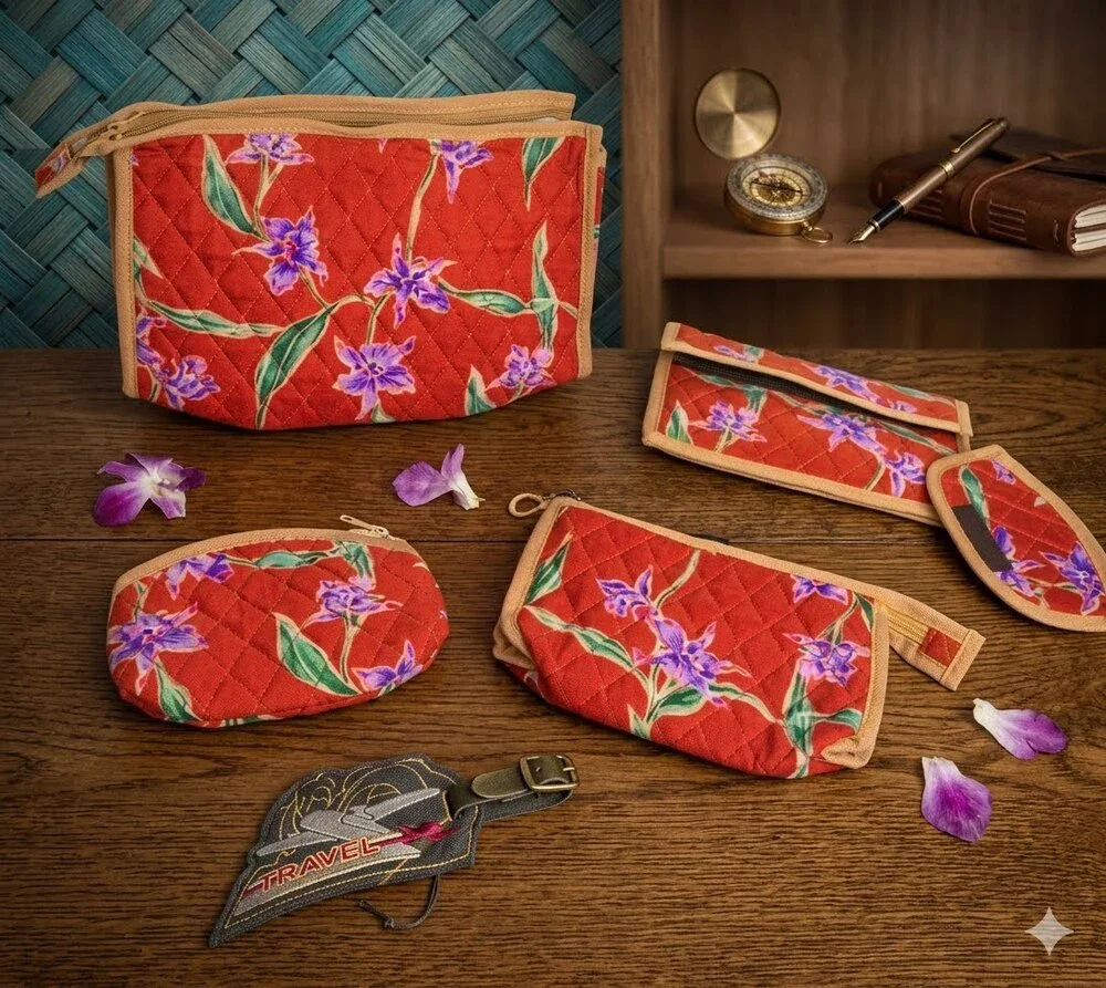 Vintage 70s Quilted Floral Travel Organizer Pouch Set 5pc Toiletry Makeup Bag